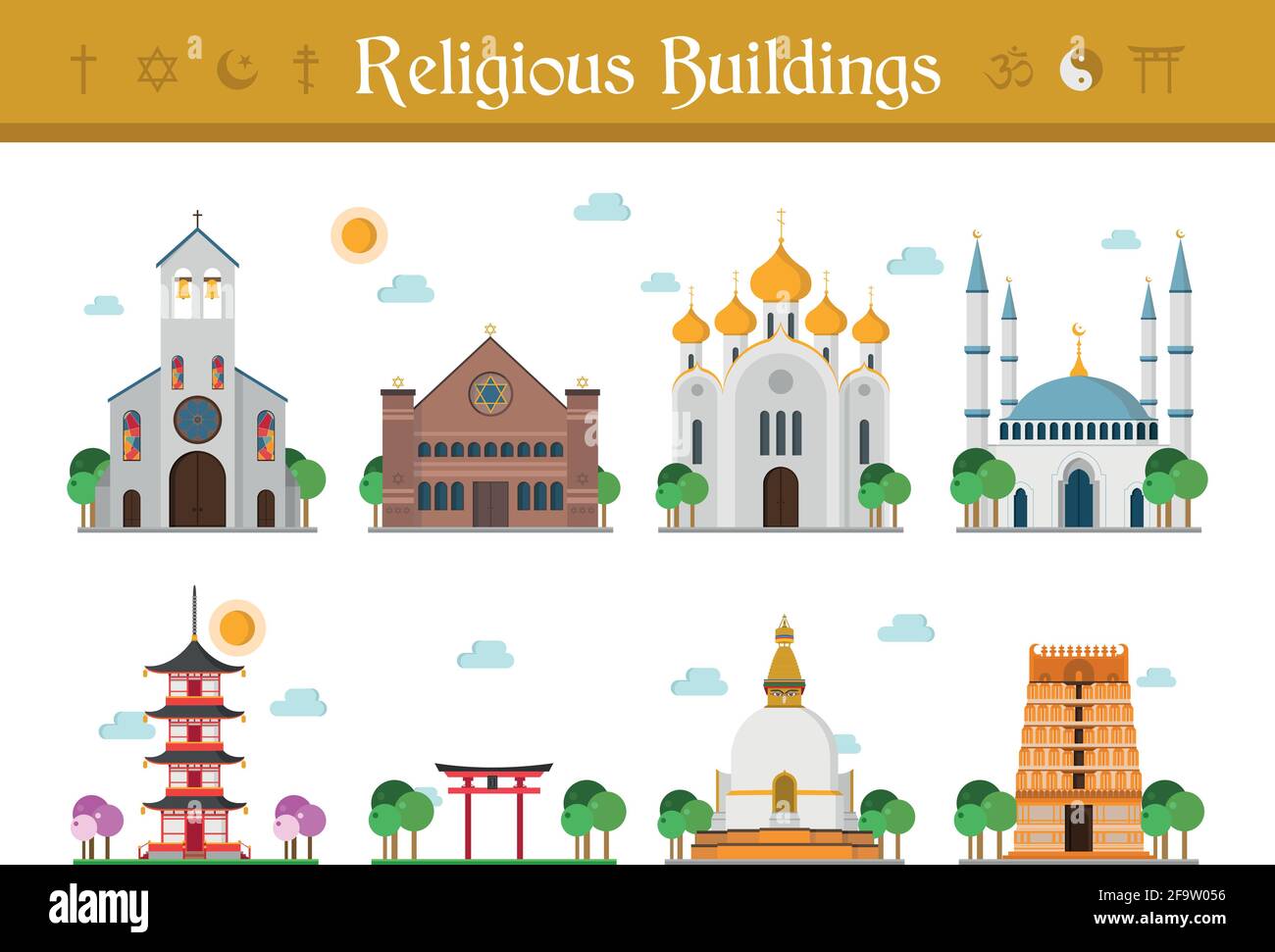 Ensemble de bâtiments religieux Illustration vectorielle : catholicisme, judaïsme, Église orthodoxe, islamisme, bouddhisme, Taoïsme et hindouisme. Illustration de Vecteur