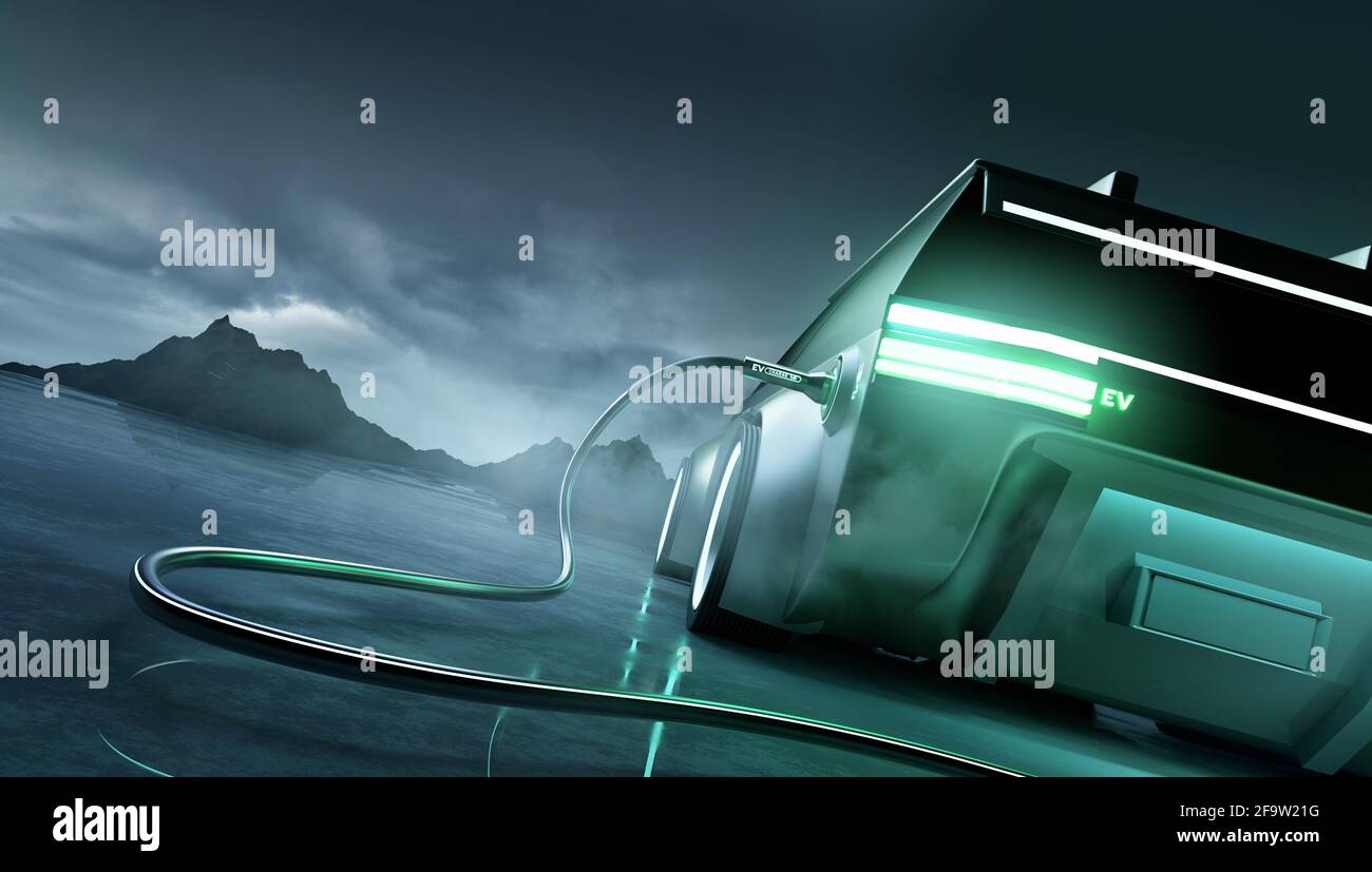 Voiture électrique futuriste avec câble de recharge. voiture électronique et concept subcolorable d'énergie verte et de transport. Illustration 3D. Banque D'Images