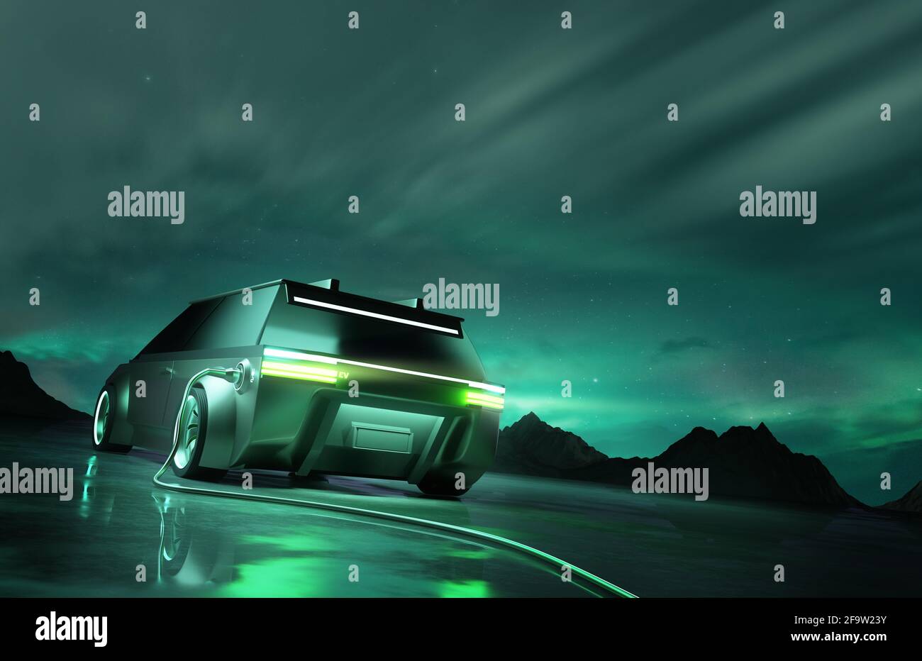 Une voiture électrique écologique futuriste qui se recharge la nuit. Transport de voitures électroniques et concept d'énergie subcolorable. Illustration 3D Banque D'Images