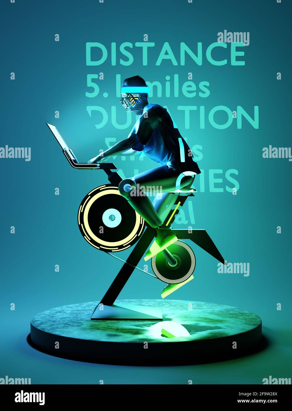 Un homme utilisant son vélo d'exercice intérieur pour garder la forme avec les statistiques affichées en arrière-plan. Technologie futuriste concept d'entraînement illustration 3D. Banque D'Images