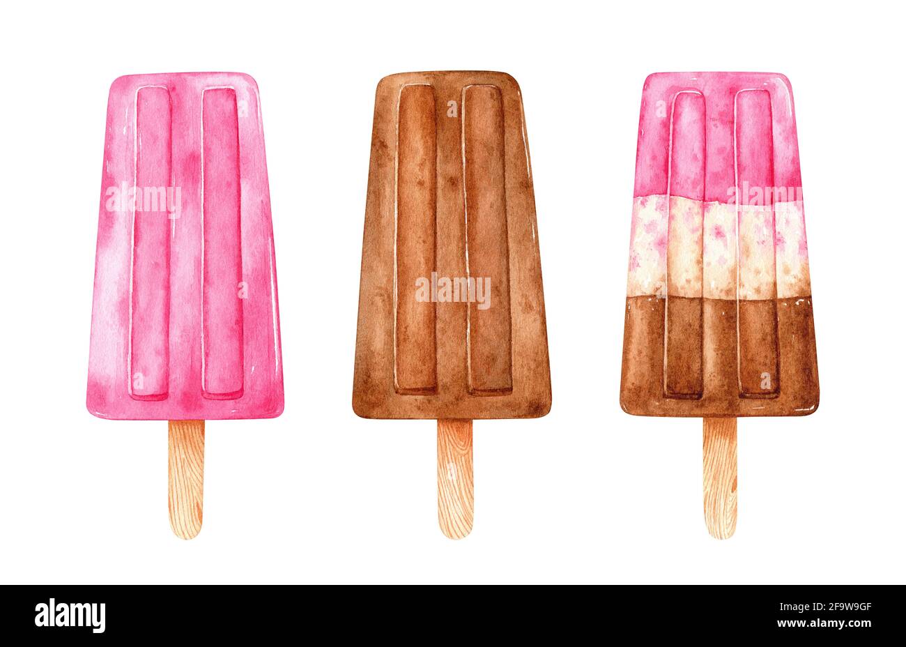 Crème glacée à l'aquarelle sur bâtonnets. Desserts glacés aux fraises et au chocolat isolés sur fond blanc. Illustration clipart dessinée à la main. Parfait pour les cartes, les menus, les imprimés, les décorations, les couvertures. Banque D'Images