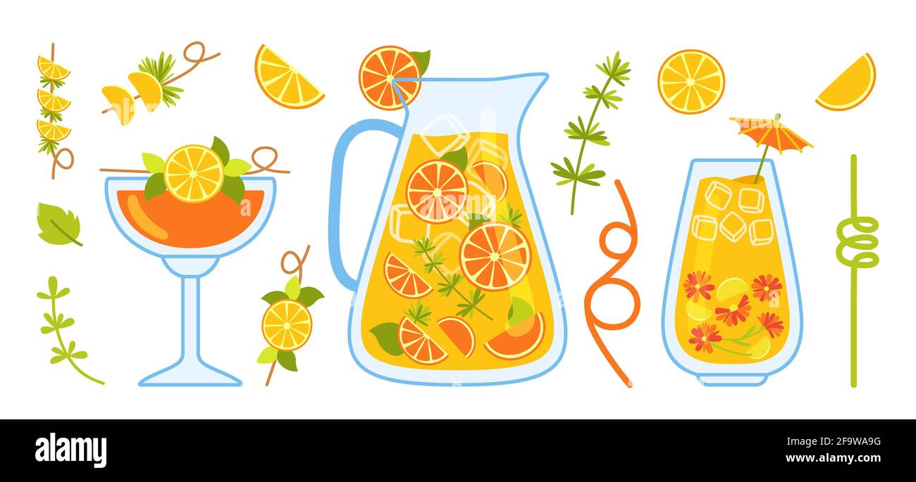 Ensemble de dessins animés à cocktail orange, citron, carafe et verre. Thé à base d'agrumes dans une théière transparente avec ingrédients. Style estival plat dessiné à la main. Illustration pour les invitations, les cartes, le vecteur d'affiche Illustration de Vecteur