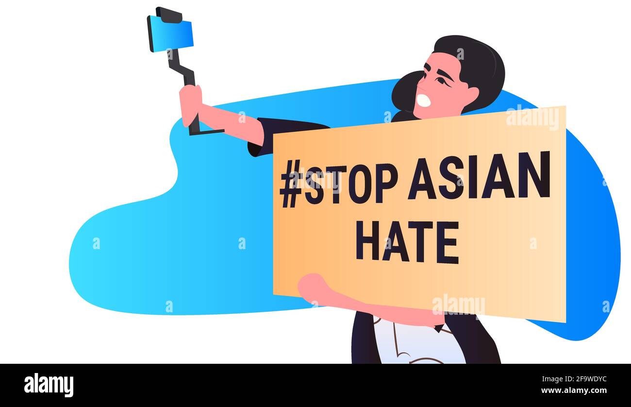arrêtez la femme haineuse asiatique avec une bannière contre le racisme prenant le selfie photo de soutien des personnes pendant la pandémie de coronavirus Illustration de Vecteur