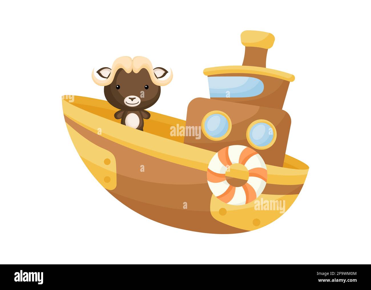 Mignon Petit Musk Ox Naviguant Sur Un Bateau Brun Personnage De Dessin Anime Pour Les Enfants Livre Album Douche De Bebe Carte De Voeux Invitation De Fete Interieur De La Maison Image Vectorielle
