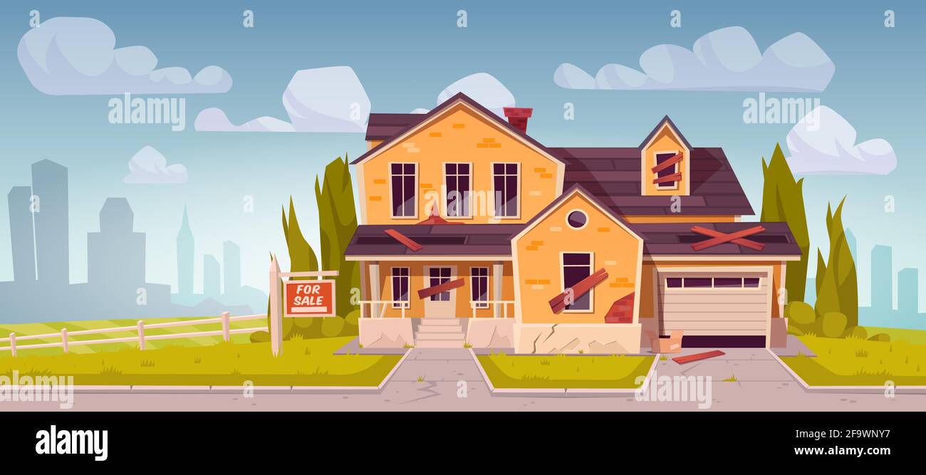 Ancienne maison de banlieue avec enseigne à vendre. Chalet résidentiel abandonné en brique jaune avec garage, toit cassé et fenêtres à bord. Paysage de dessin animé vectoriel avec manoir de banlieue abandonné Illustration de Vecteur