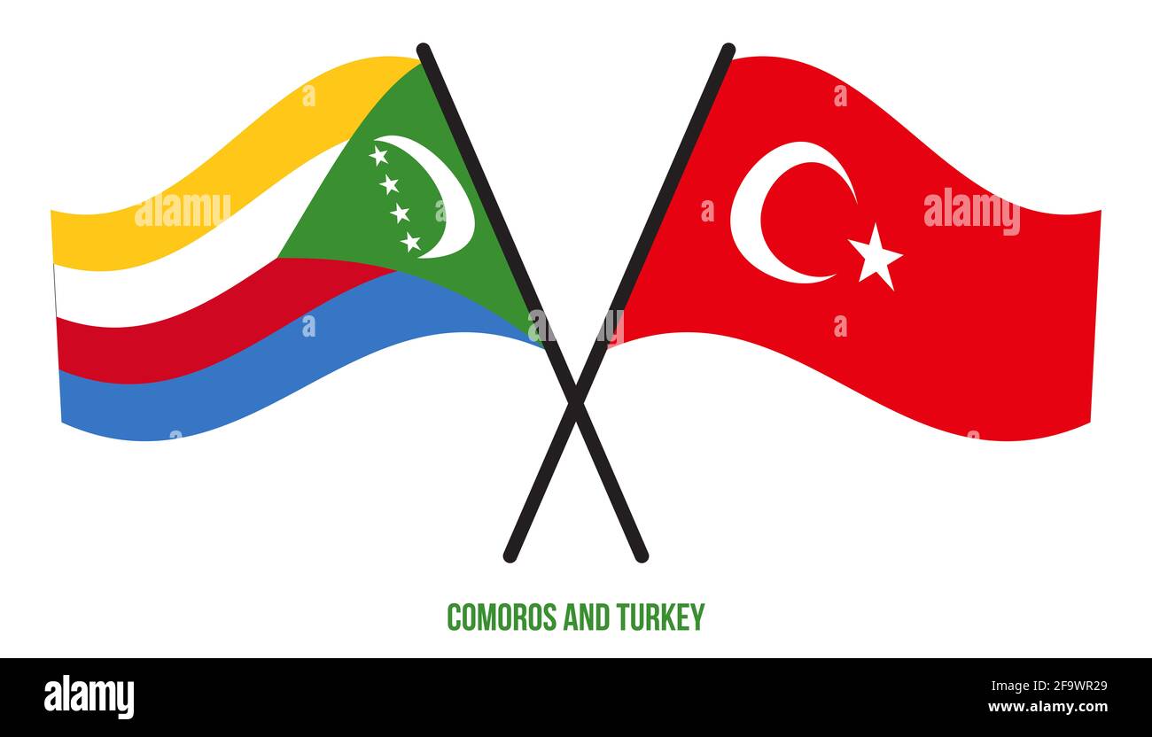 Les Comores et la Turquie drapeaux croisés et ondulés de style plat. Proportion officielle. Corriger les couleurs. Banque D'Images