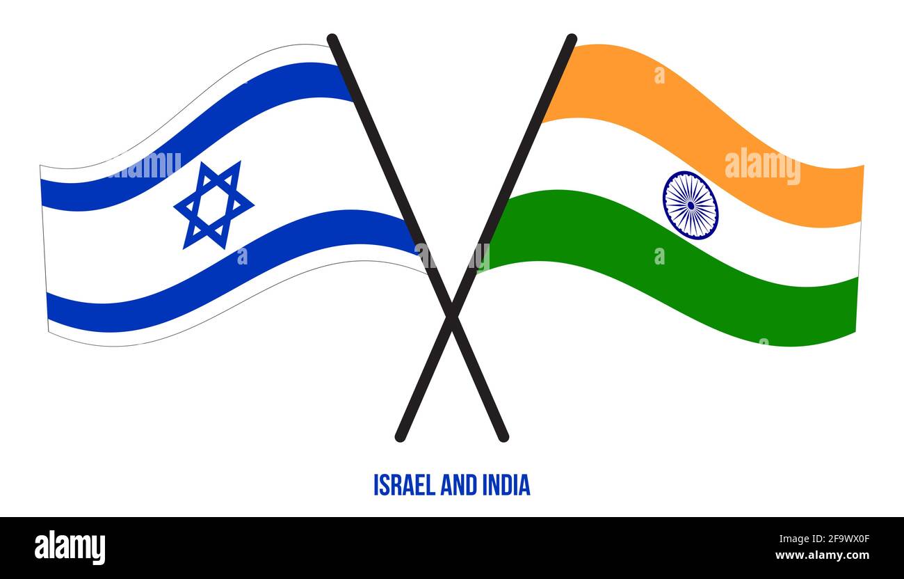 Israël et l'Inde drapeaux croisés et ondulant le style plat. Proportion officielle. Corriger les couleurs. Illustration de Vecteur