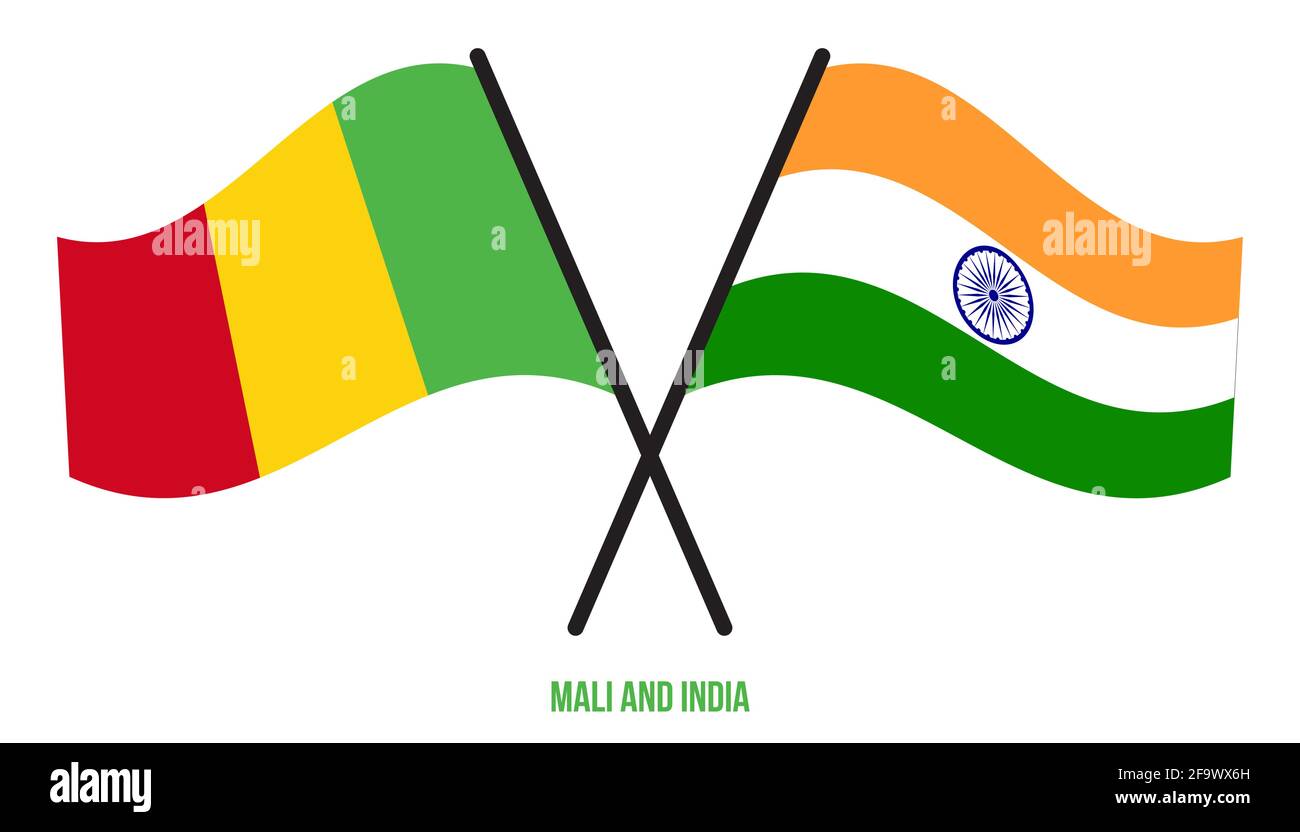 Mali et Inde drapeaux croisés et ondulant le style plat. Proportion officielle. Corriger les couleurs. Illustration de Vecteur