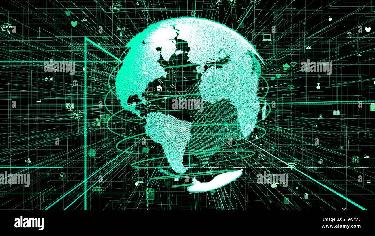 Réseau Internet mondial en ligne et Internet des objets concept de l'IoT présenté en 3D rendu graphique informatique du cyberespace. Communication et Banque D'Images