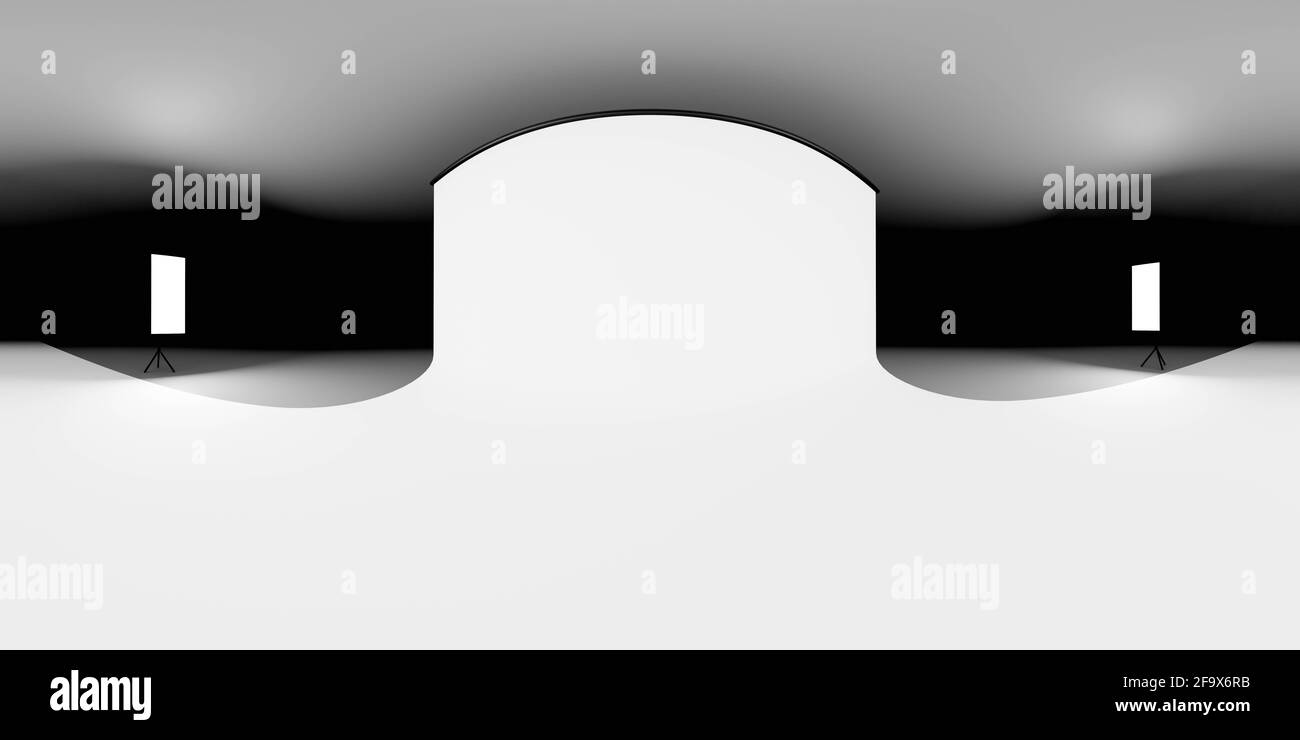 360 panorama vue sphérique de studio photo vide avec studio toile de fond et lumières flash rendu 3d illustration hdri hdr vr style Banque D'Images