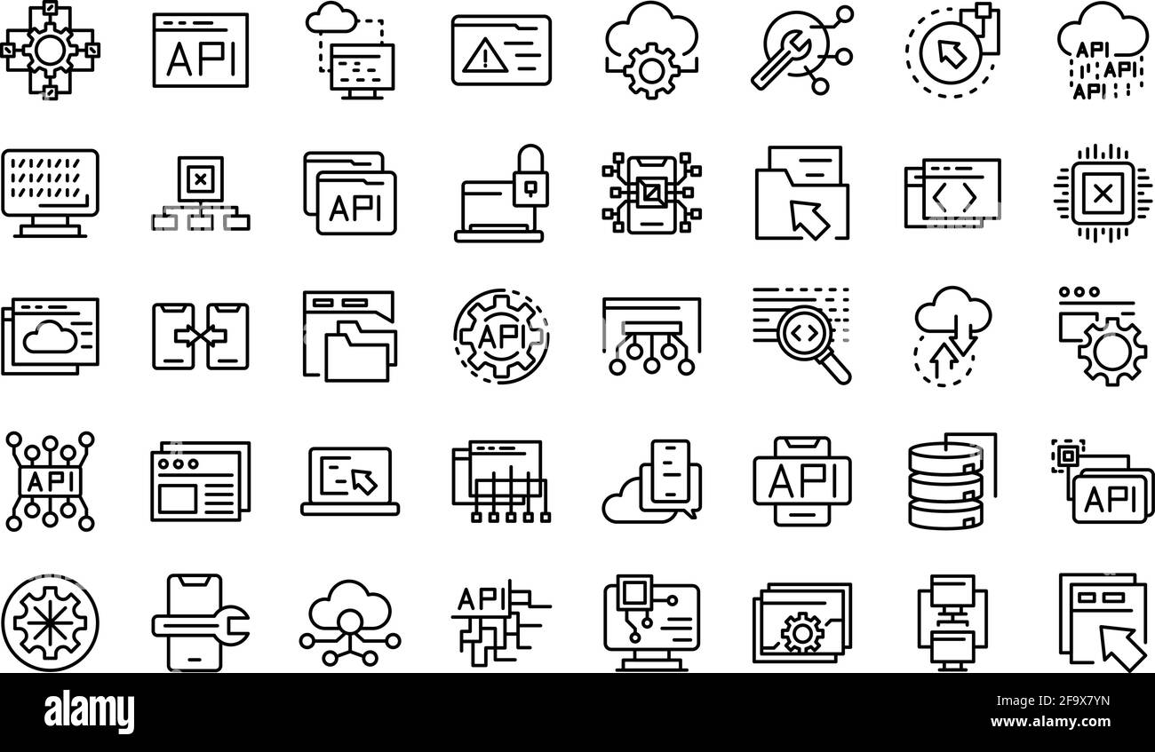 Icônes API définies. Ensemble de contours d'icônes vectorielles API pour la conception Web isolée sur fond blanc Illustration de Vecteur