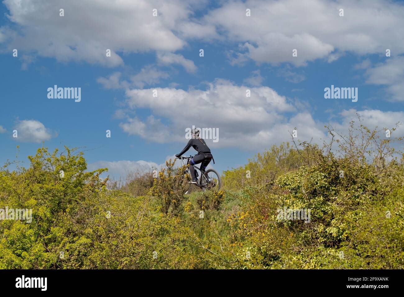 Une femme à vélo seule dans la campagne avec un bleu fond ciel Banque D'Images