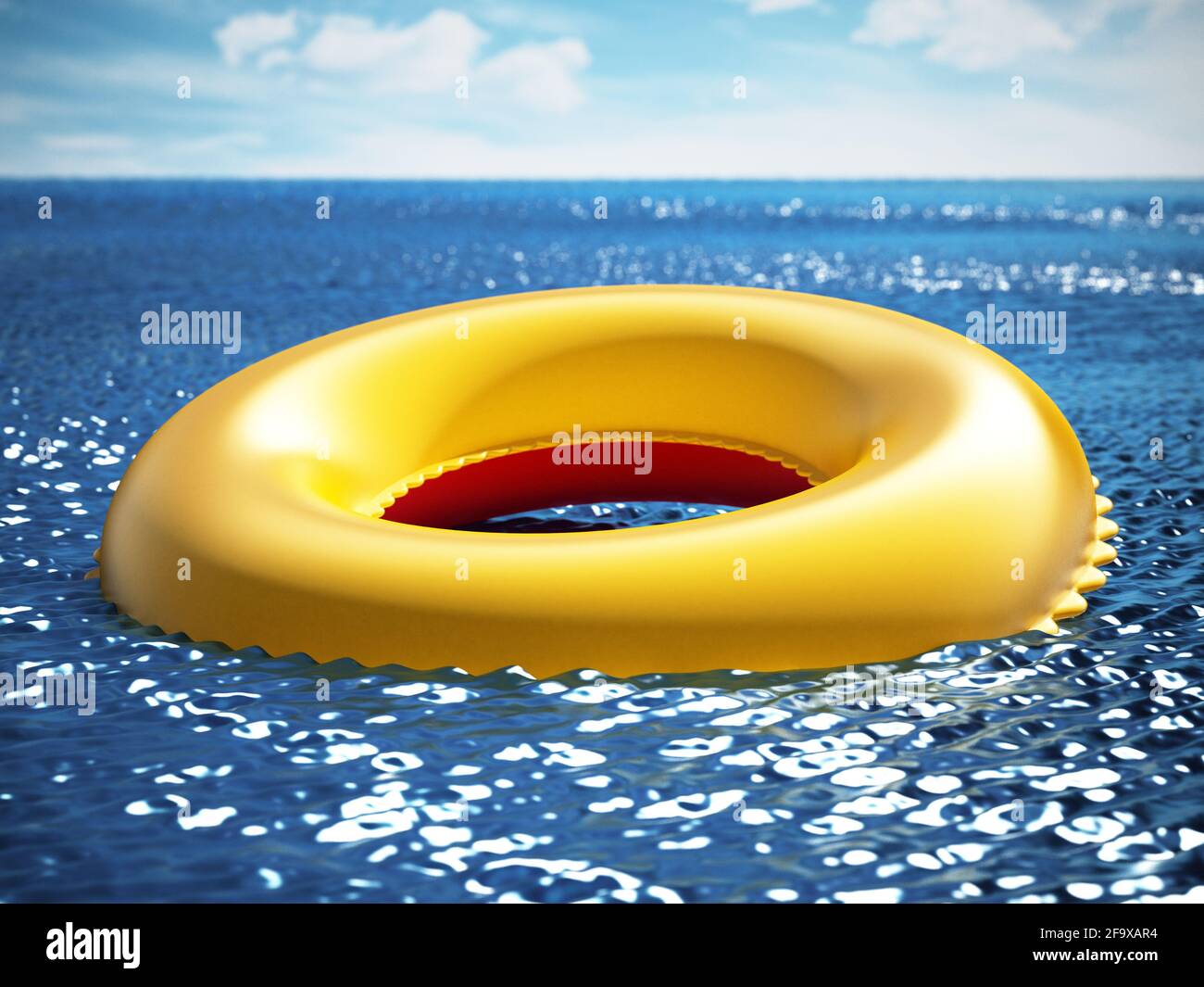 Bouée de sauvetage à la surface de la mer. Illustration 3D. Banque D'Images