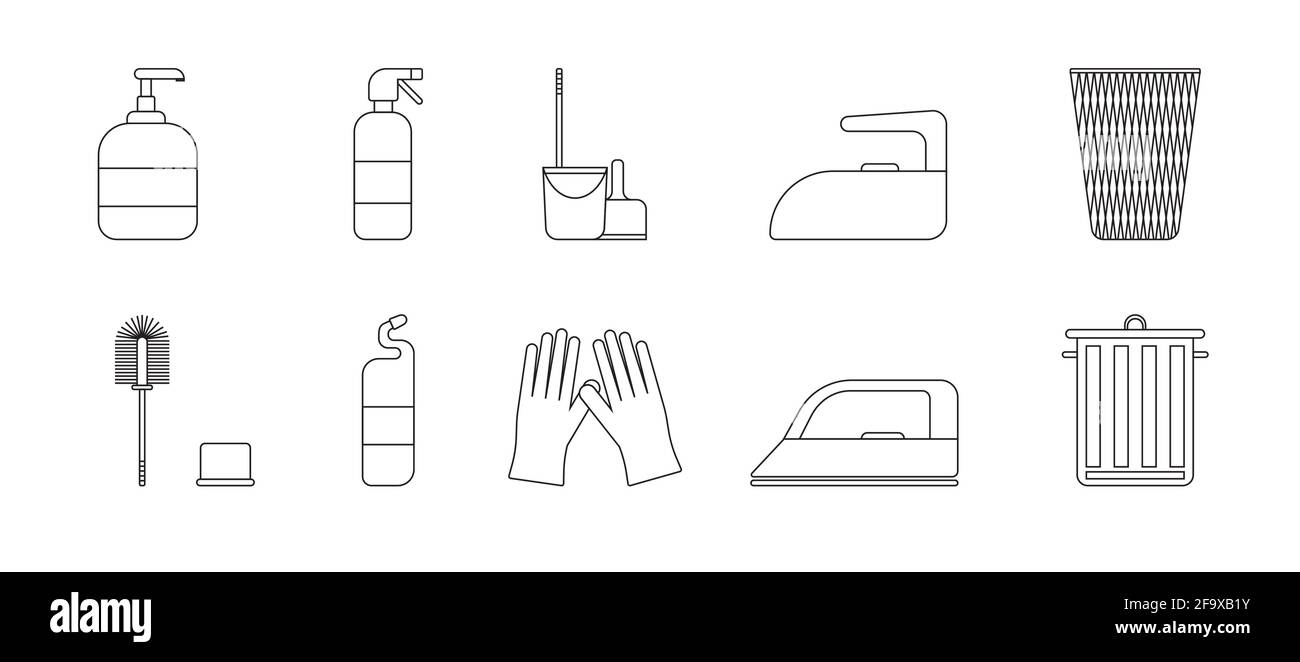 Un ensemble d'équipements de nettoyage : seaux, brosses, gels, gants. Icône en noir et blanc. Illustration vectorielle Illustration de Vecteur