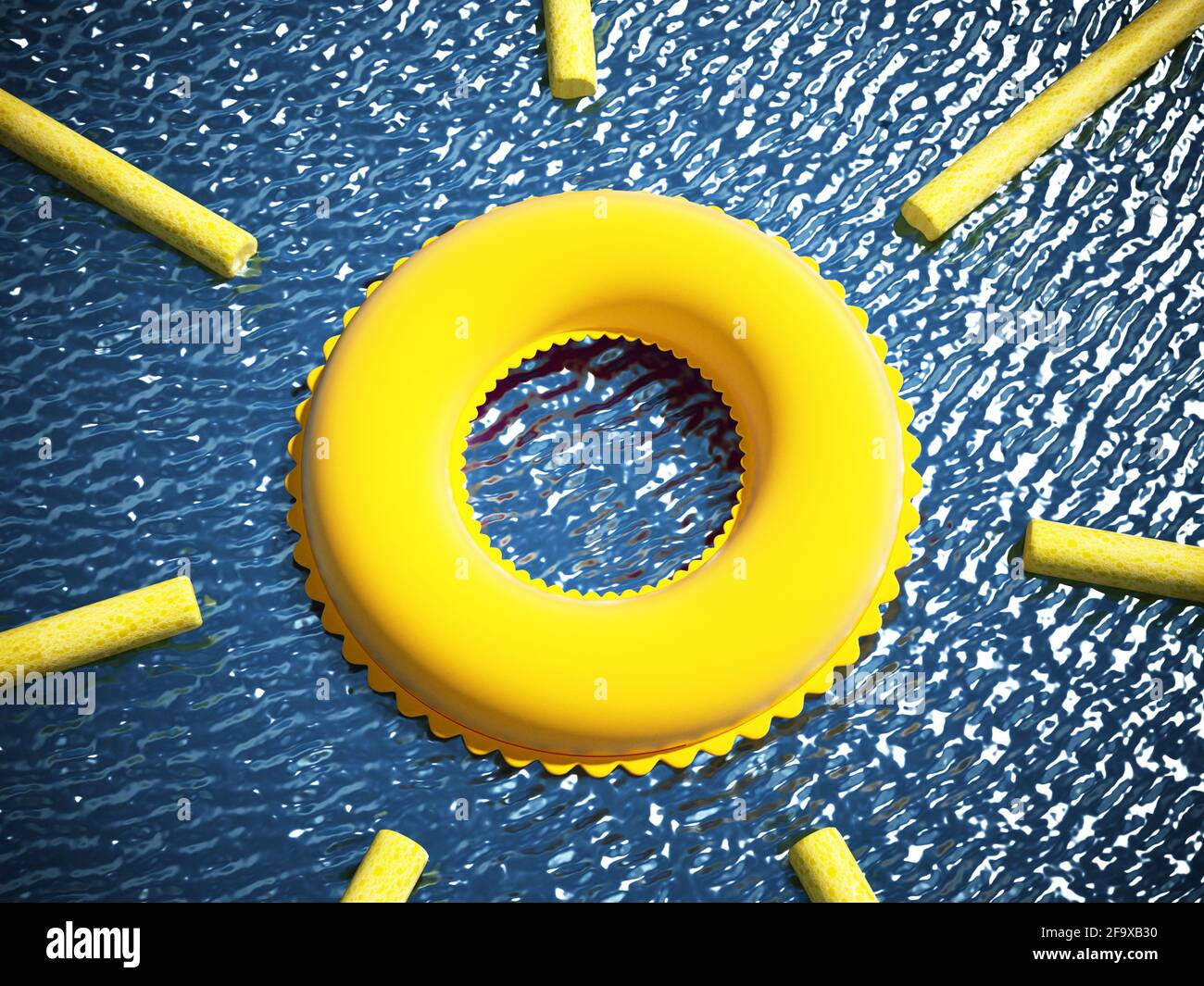 Bouée de sauvetage et nouilles de natation en mousse à la surface de la mer. Illustration 3D. Banque D'Images