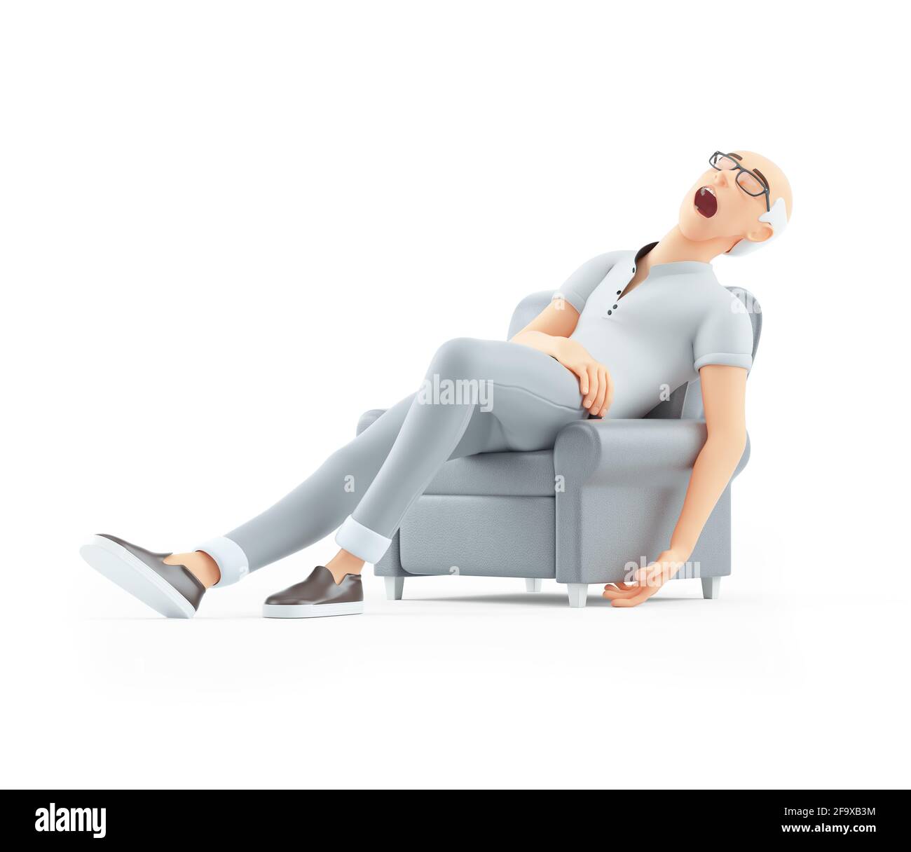 homme senior en 3d dormant dans un fauteuil, illustration isolée sur fond blanc Banque D'Images