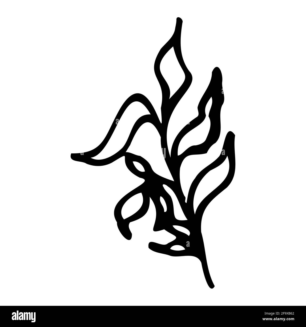 branche vectorielle avec feuilles noires et blanches. Illustration botanique minimaliste, dessin à la main Banque D'Images