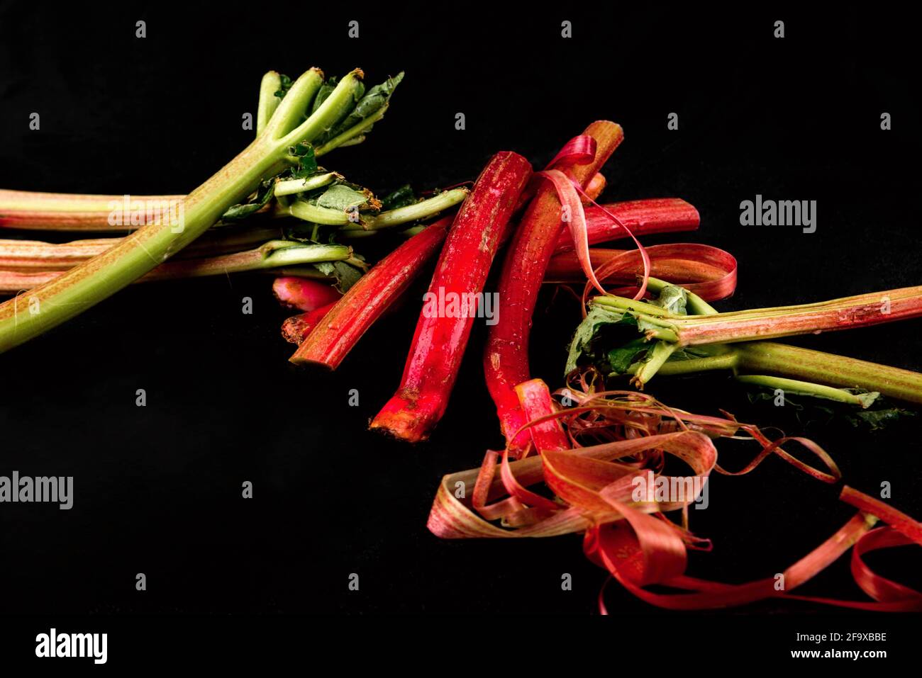 Tige de rhubarbe sur fond noir, gros plan. Banque D'Images