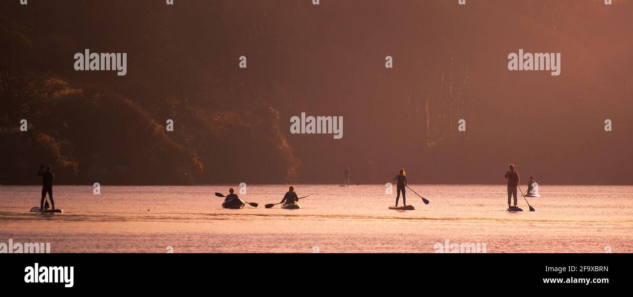 Une image panoramique des gens qui pagayent panoramique; sur la rivière Gannel en kayaks et sur les pagayboards à Newquay en Cornouailles. Banque D'Images