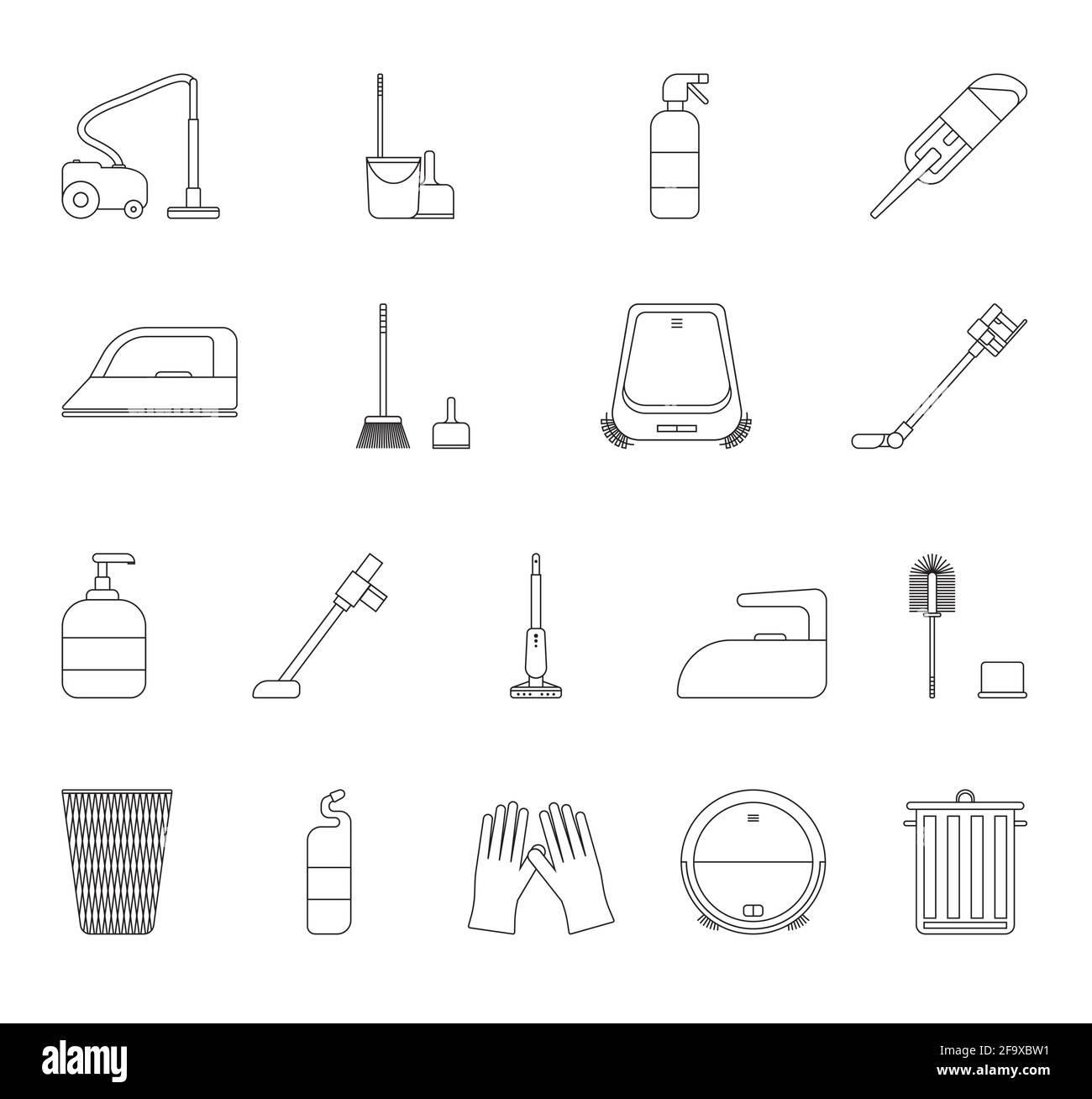 Un ensemble d'équipements de nettoyage : seaux, brosses, gels, gants. Icône en noir et blanc. Illustration vectorielle Illustration de Vecteur