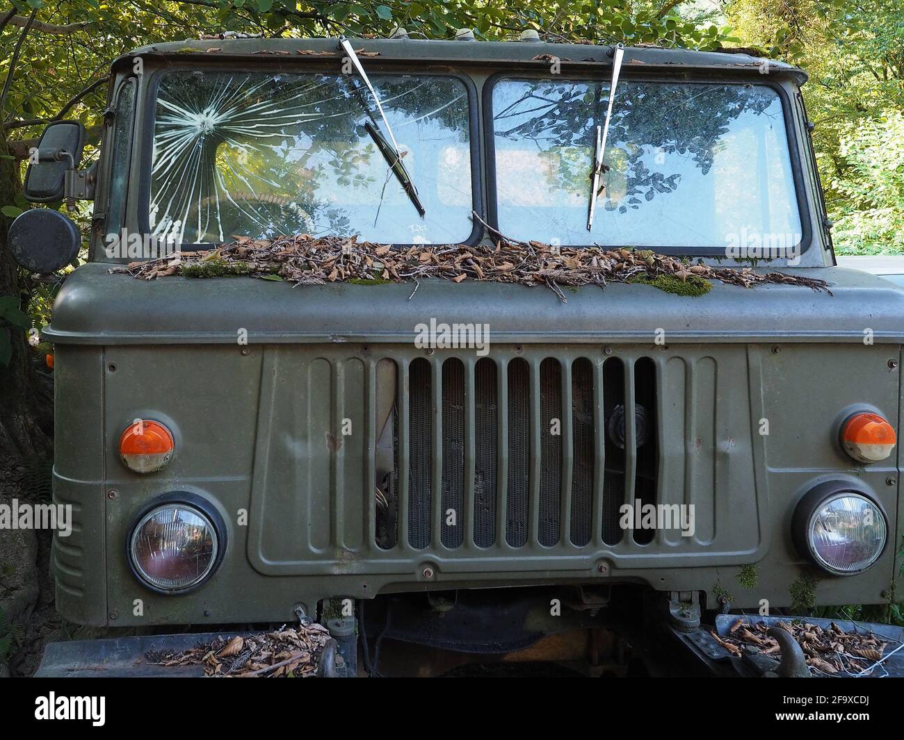 Un vieux camion militaire abandonné avec des supports de verre brisés parsemé avec feuillage sec entouré d'arbres verts Banque D'Images