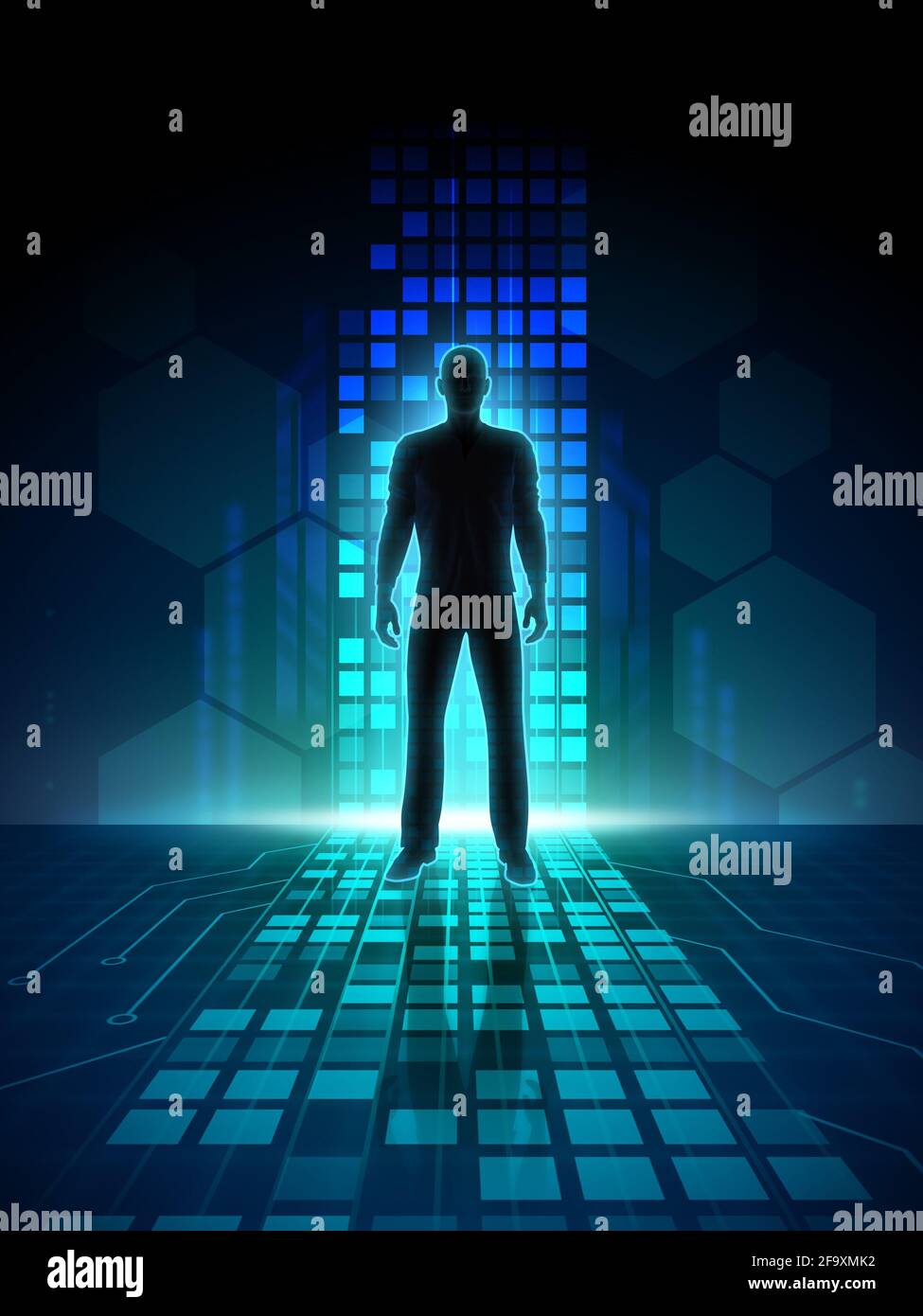 Silhouette d'homme dans un espace numérique. Illustration 3D. Banque D'Images