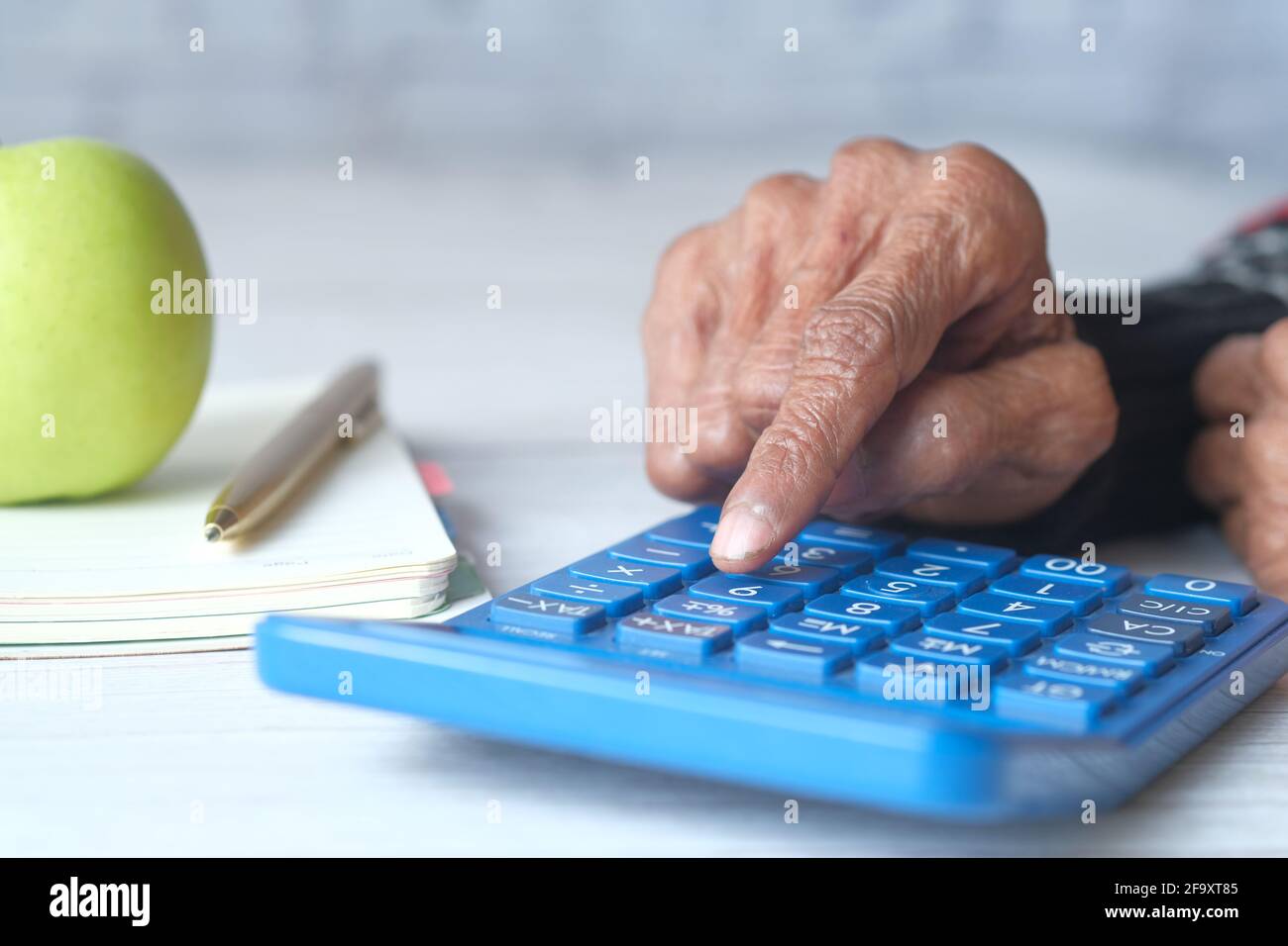 les femmes âgées se font main à l'aide de la calculatrice sur le bureau Banque D'Images