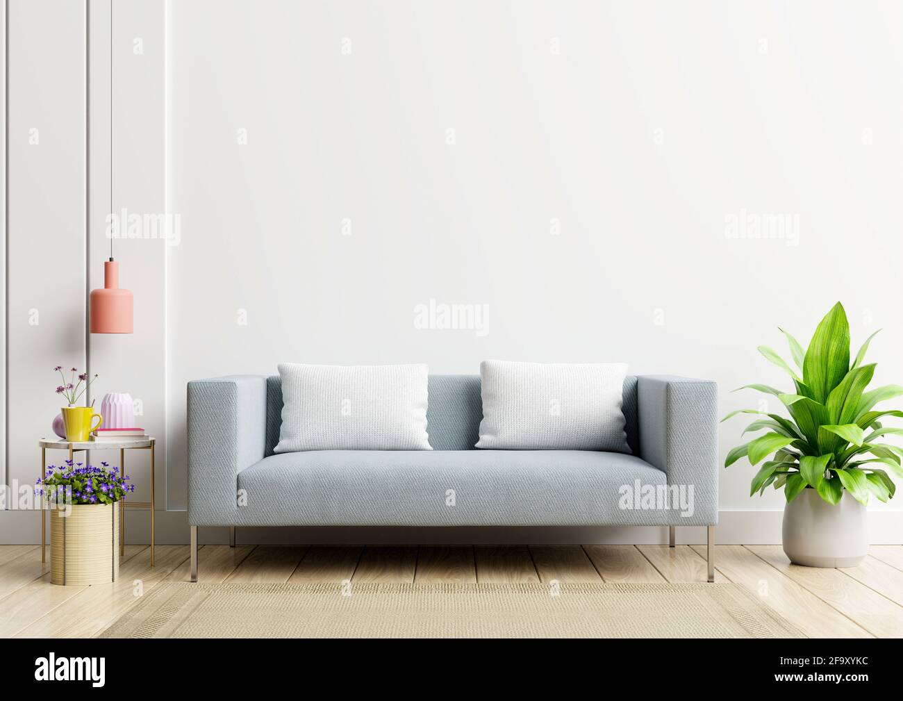 L'intérieur lumineux et confortable du salon moderne dispose d'un canapé et Lampe avec fond de mur blanc.rendu 3D Banque D'Images