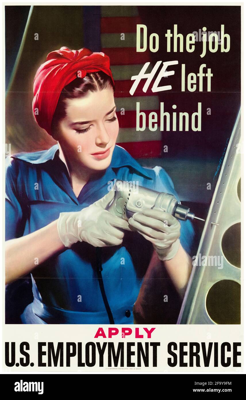 Faire le travail qu'il a laissé derrière lui (femme faisant du travail de fabrication dans une usine), américain, WW2, affiche de travail de guerre de femme, 1942-1945 Banque D'Images