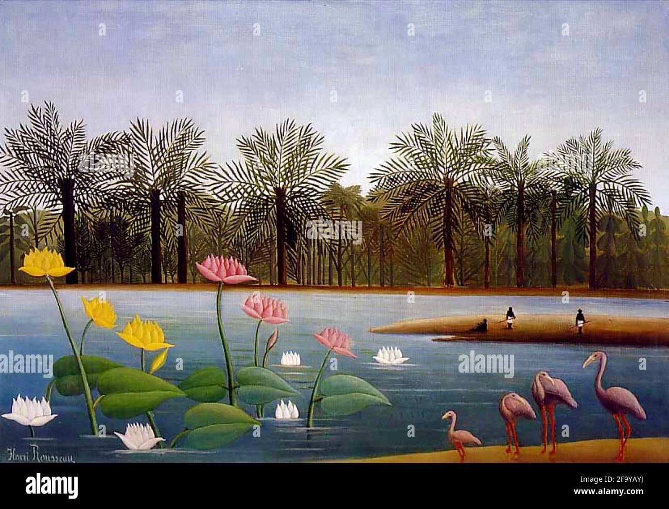 Œuvre d'Henri Rousseau intitulée les Flamingos. Paysage exotique sur une voie navigable avec des nénuphars géants, des palmiers et des flamants roses. Banque D'Images