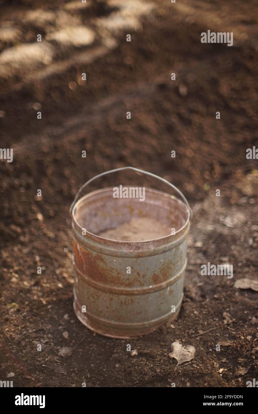 Vieux grand seau avec des supports de sable dans un potager sur sol humide. Banque D'Images