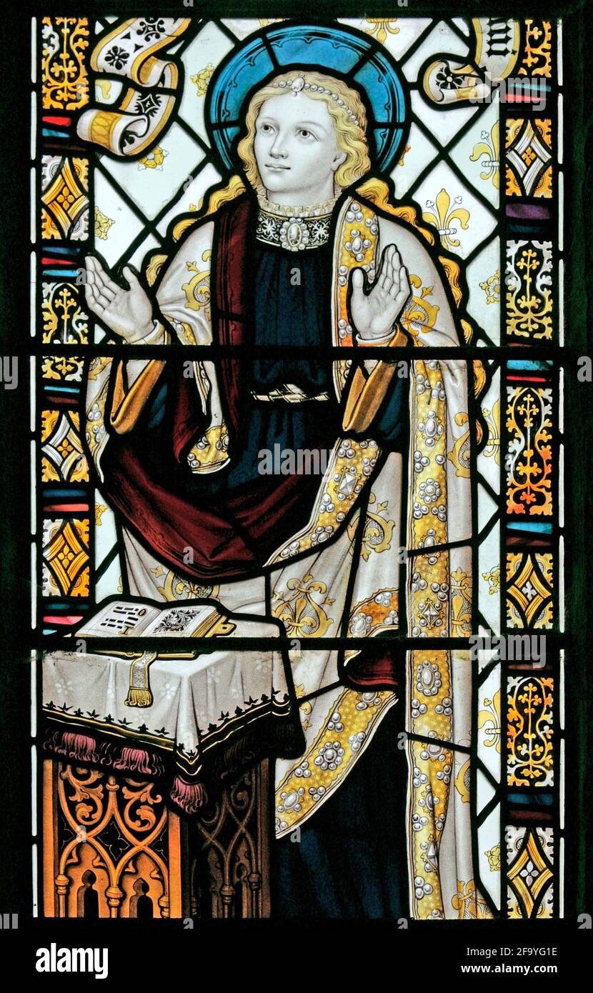 Vitraux représentant la Vierge Marie à l'Annonciation, par Herbert Bryans, église St Mary's, Leake, North Yorkshire Banque D'Images