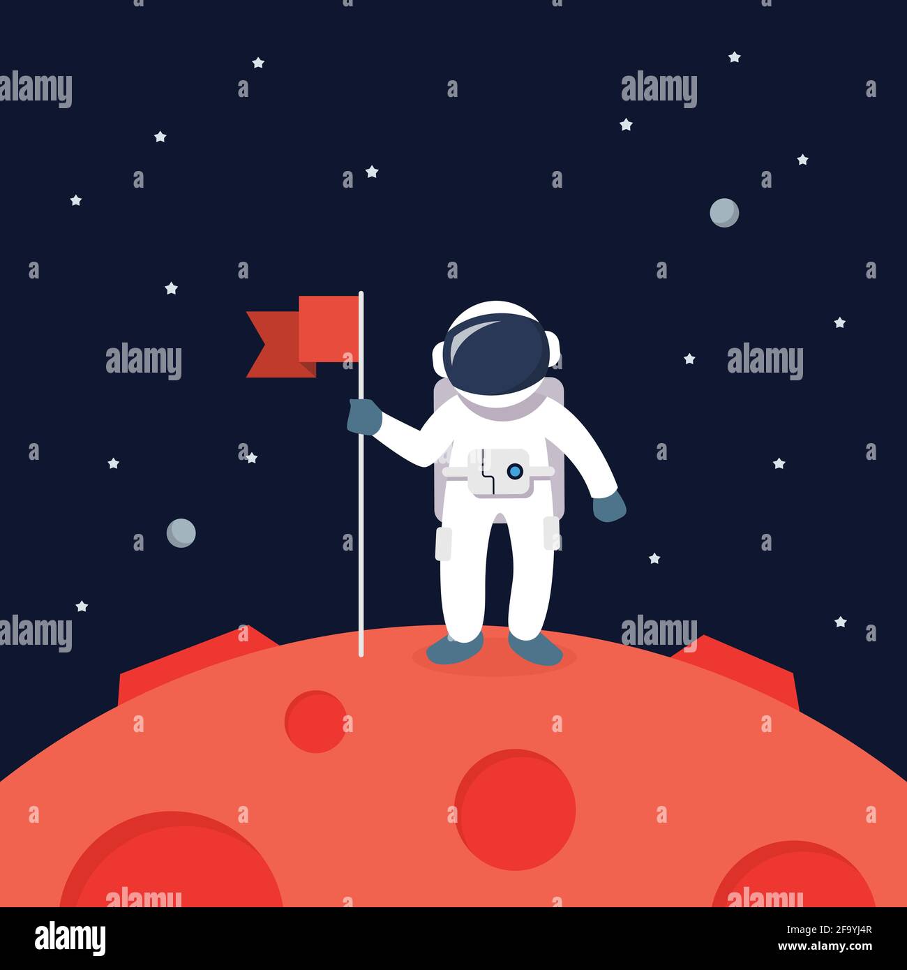 L'astronaute débarque sur Mars en attente drapeau. Étoile et planètes sur fond de galaxie. Illustration vectorielle de style plat Illustration de Vecteur
