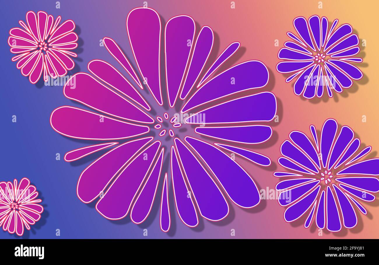 formes de fleurs hawaïennes roses et violettes flottant au-dessus d'un bleu et un fond de dégradé orange Banque D'Images