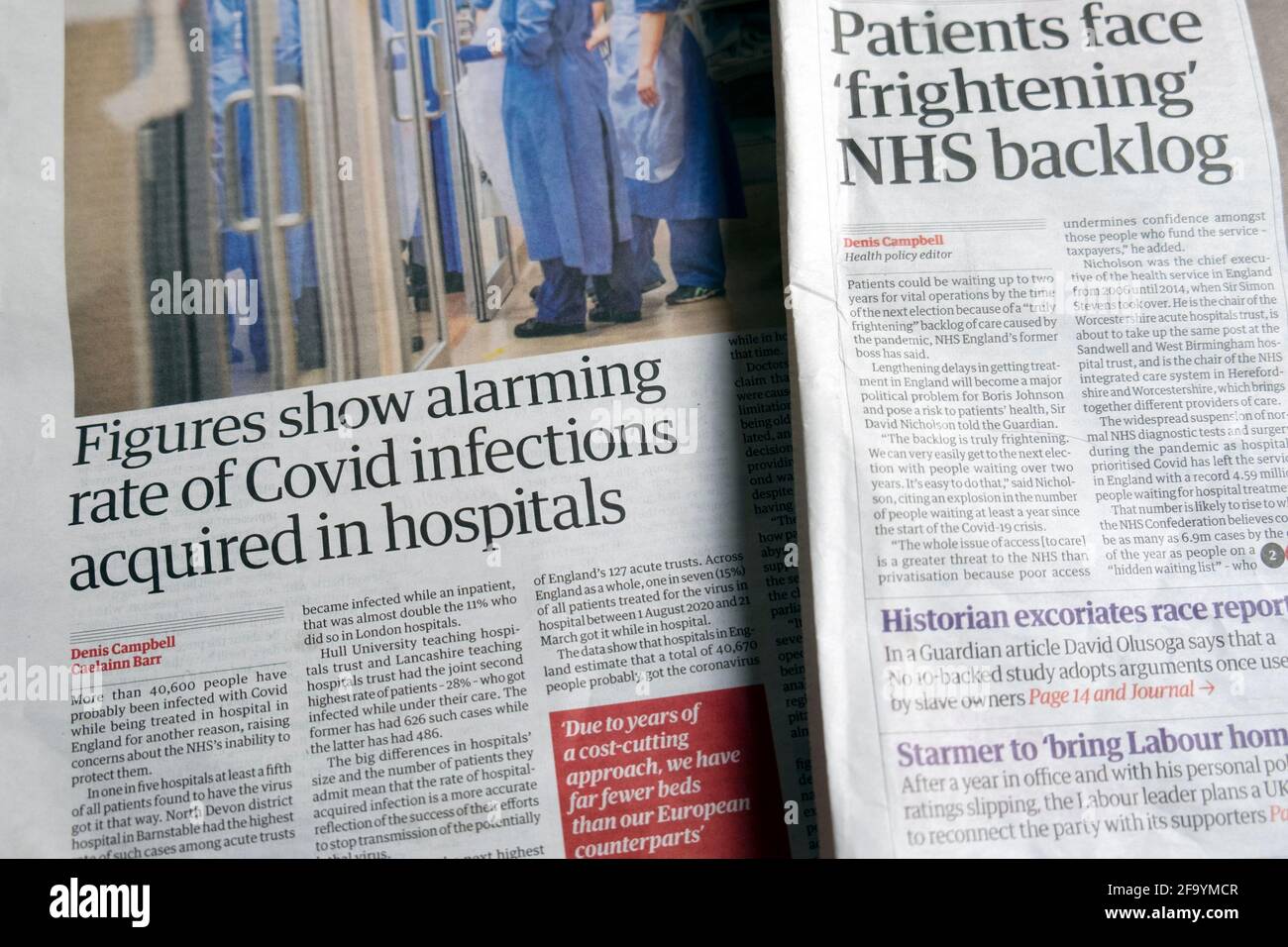 'Les chiffres montrent un taux alarmant d'infections à Covid acquises dans les hôpitaux' Article de titre du journal Covid dans Guardian le 26 mars 2021 Londres Angleterre Royaume-Uni Banque D'Images