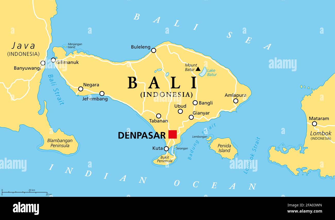 Carte politique de Bali, avec la capitale Denpasar. Une province et une île de l'Indonésie, à l'extrême ouest des îles de Lesser Sunda, à l'est de Java, à l'ouest de Lombok. Banque D'Images