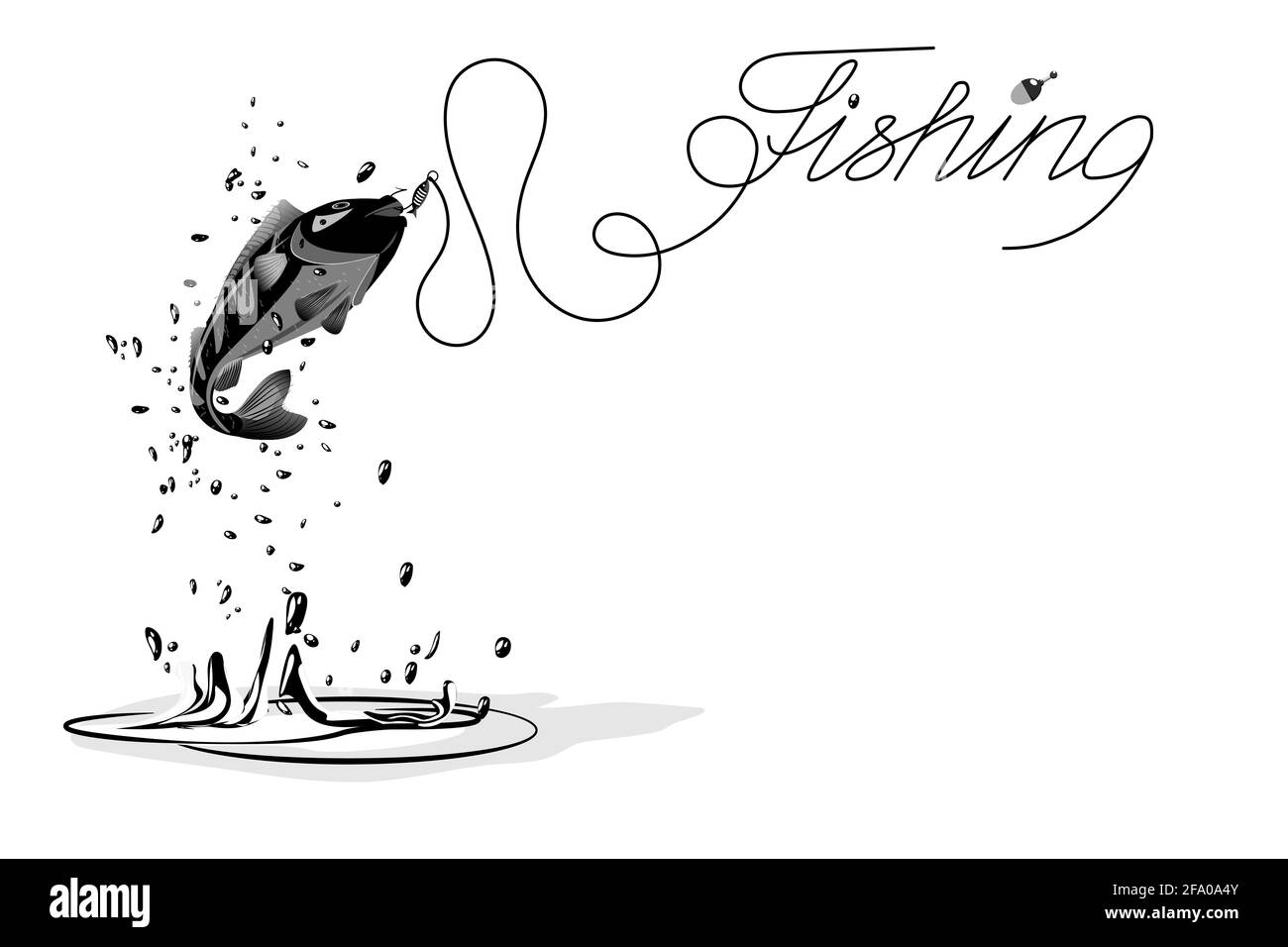 Poisson pris sur crochet avec des éclaboussures et des gouttes d'eau. L'inscription pêche. Bar, pêche. Illustration vectorielle monochrome noir et blanc Illustration de Vecteur