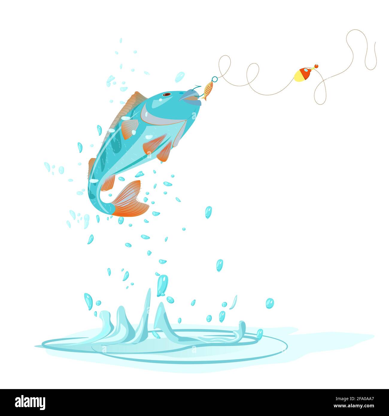 Poisson pris sur un crochet avec des éclaboussures et des gouttes d'eau isolées sur un fond blanc. Bar, pêche. Illustration vectorielle dans les dessins animés Illustration de Vecteur