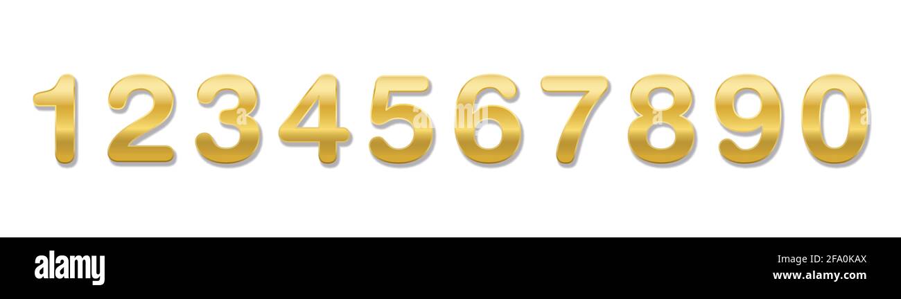 Numéros de couleur dorée sur une ligne. Les dix nombres de un à zéro - illustration sur fond blanc. Banque D'Images