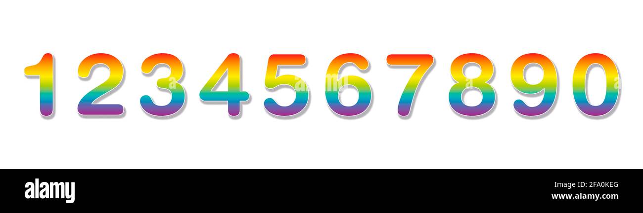 Les nombres de couleur de dégradé arc-en-ciel sont affichés sur une rangée. Les dix nombres de un à zéro - illustration sur fond blanc. Banque D'Images