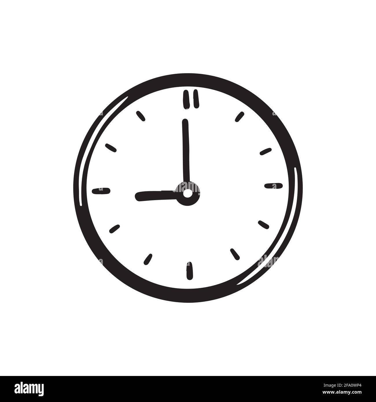 Cercle simple tracé à la main icône en forme d'horloge de couleur noire.  Style d'esquisse Doodle. Concept de temps, minute, date limite. Horloge  avec flèche sur fond blanc Image Vectorielle Stock -