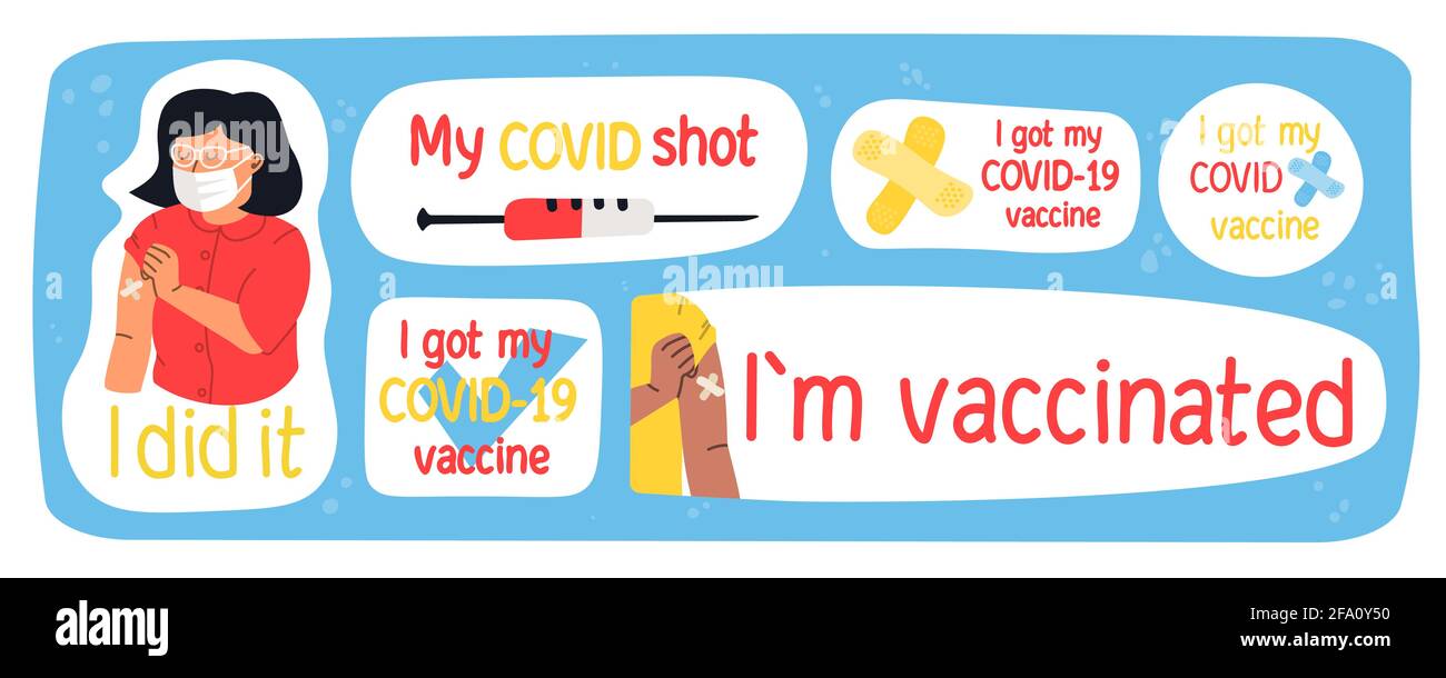 Autocollants de vaccination. Anti-covid, j'ai reçu mon vaccin COVID, je l'ai fait, je suis vacciné, mon vaccin COVID. Illustration vectorielle mignonne dessinée à la main. Illustration de Vecteur