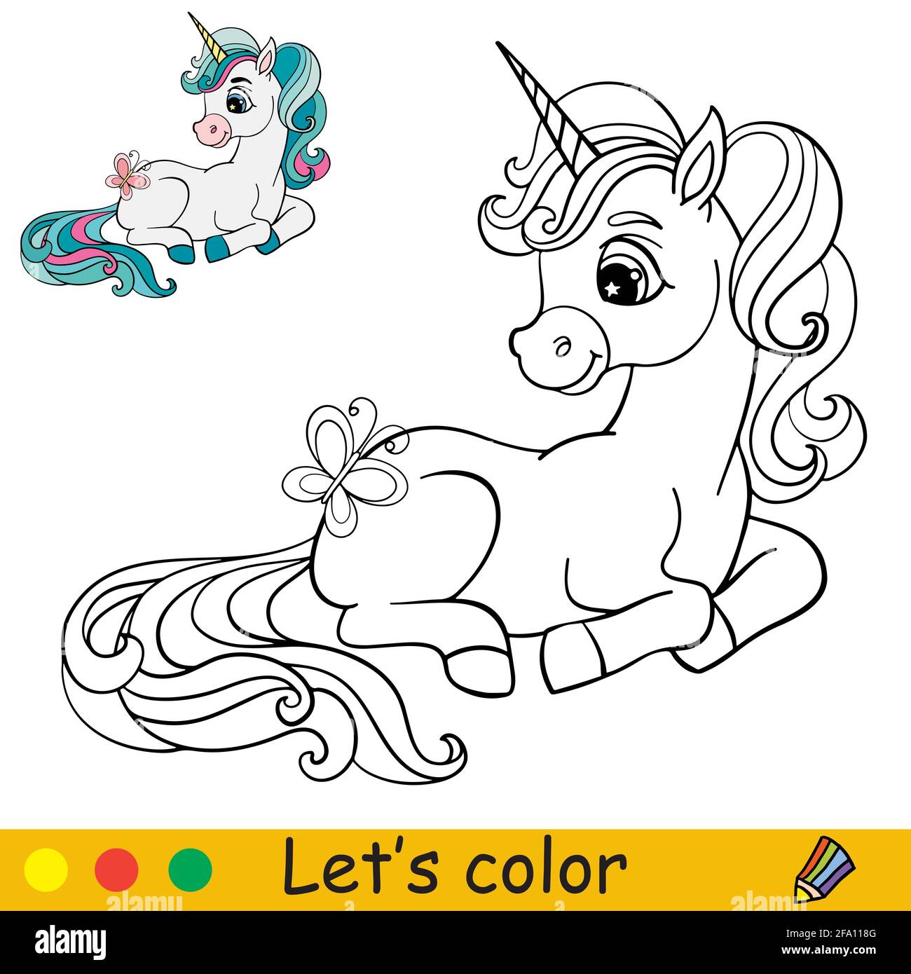 Mignon dessin animé unicorn avec un papillon. Page de livre de coloriage avec modèle coloré. Illustration vectorielle isolée. Pour livres à colorier, éducation, Illustration de Vecteur