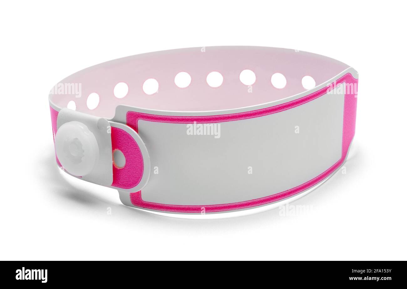 Bracelet d'hôpital rose avec espace de copie découpé. Banque D'Images