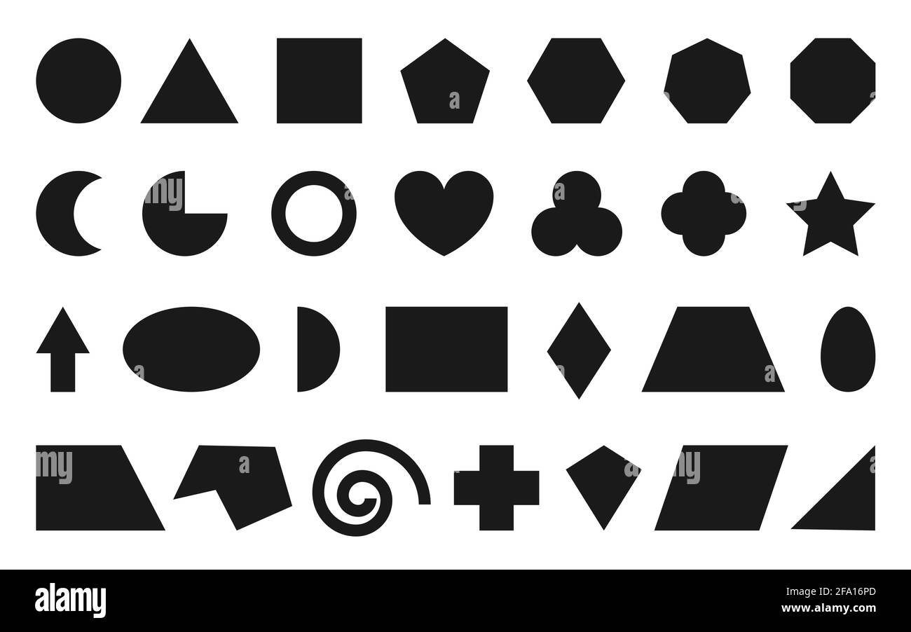 Ensemble de base de forme géométrique icon noir. Enseignement des chiffres mathématiques triangle, carré, cercle, hexagone, rectangle. Enfant école apprentissage géométrie étude élément de dessin animé isolé sur fond blanc Illustration de Vecteur