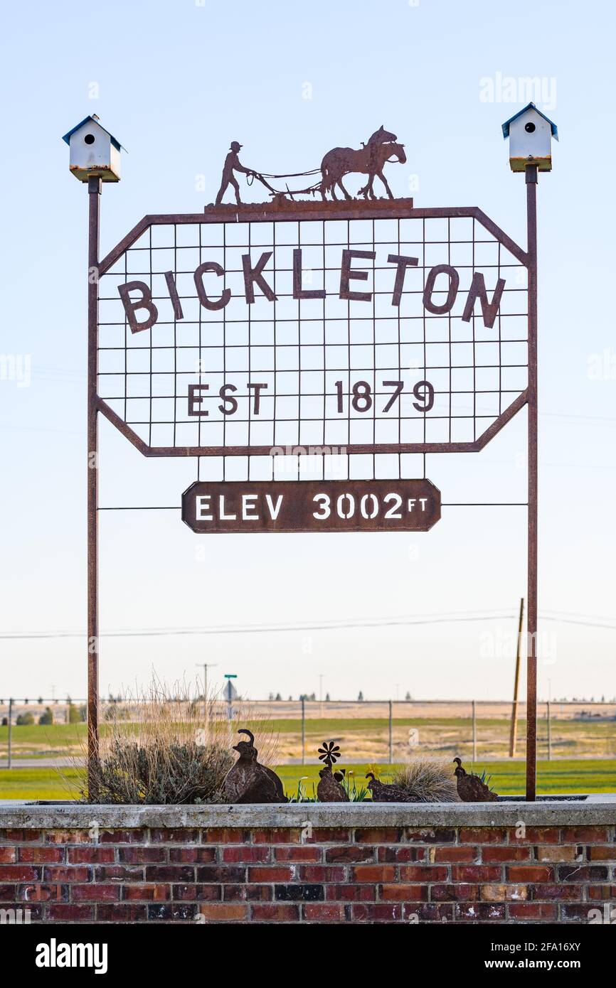 Signe de la ville pour Bickleton montrant établi 1879 et altitude 3002 pieds dans des œuvres d'art en métal. Il est connu comme la capitale mondiale des Bluebird Banque D'Images