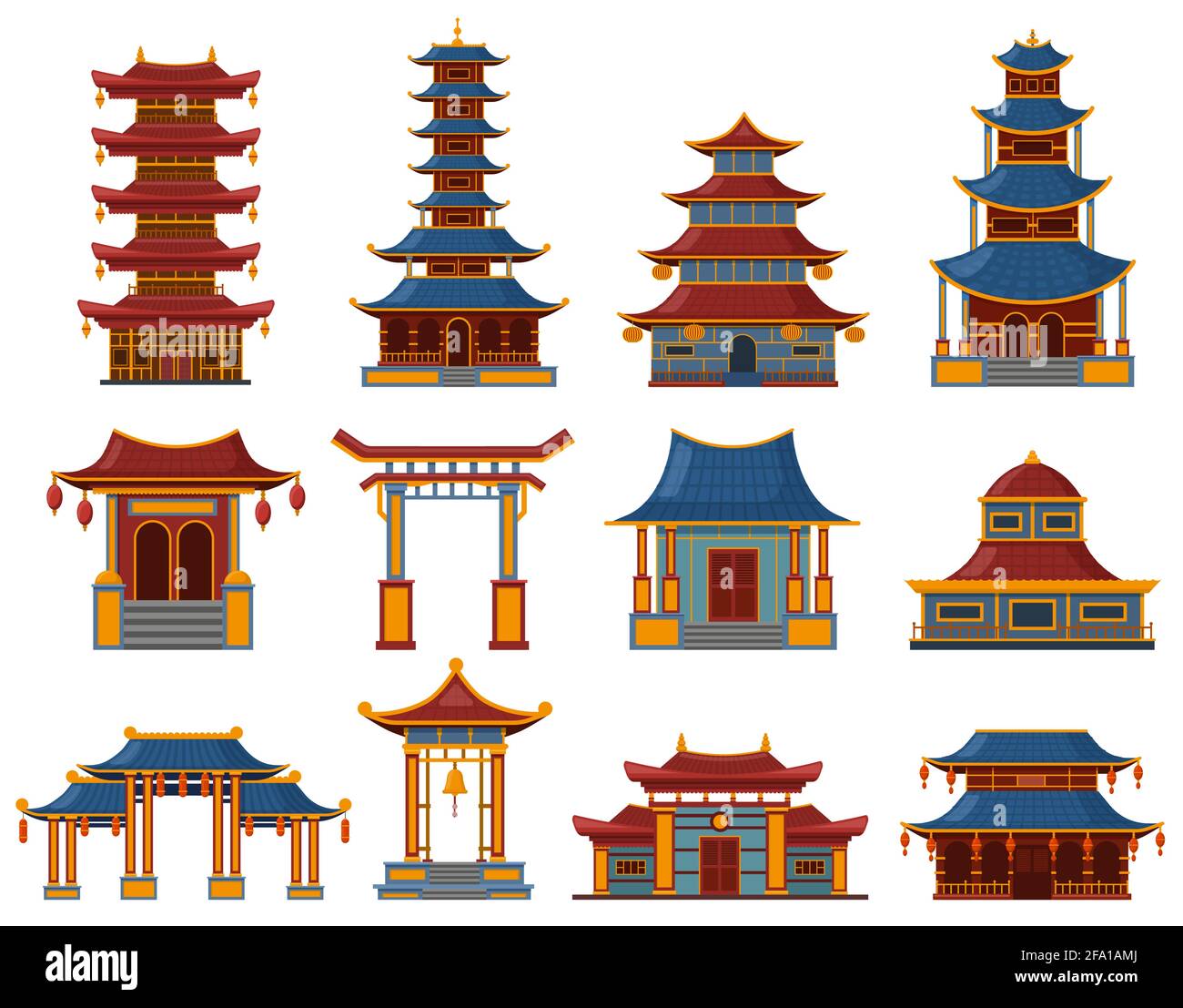 Bâtiments chinois. Temples asiatiques architecturaux, palais et maisons de pagode, chine objets culturels vecteur illustration ensemble. Traditionnel oriental Illustration de Vecteur
