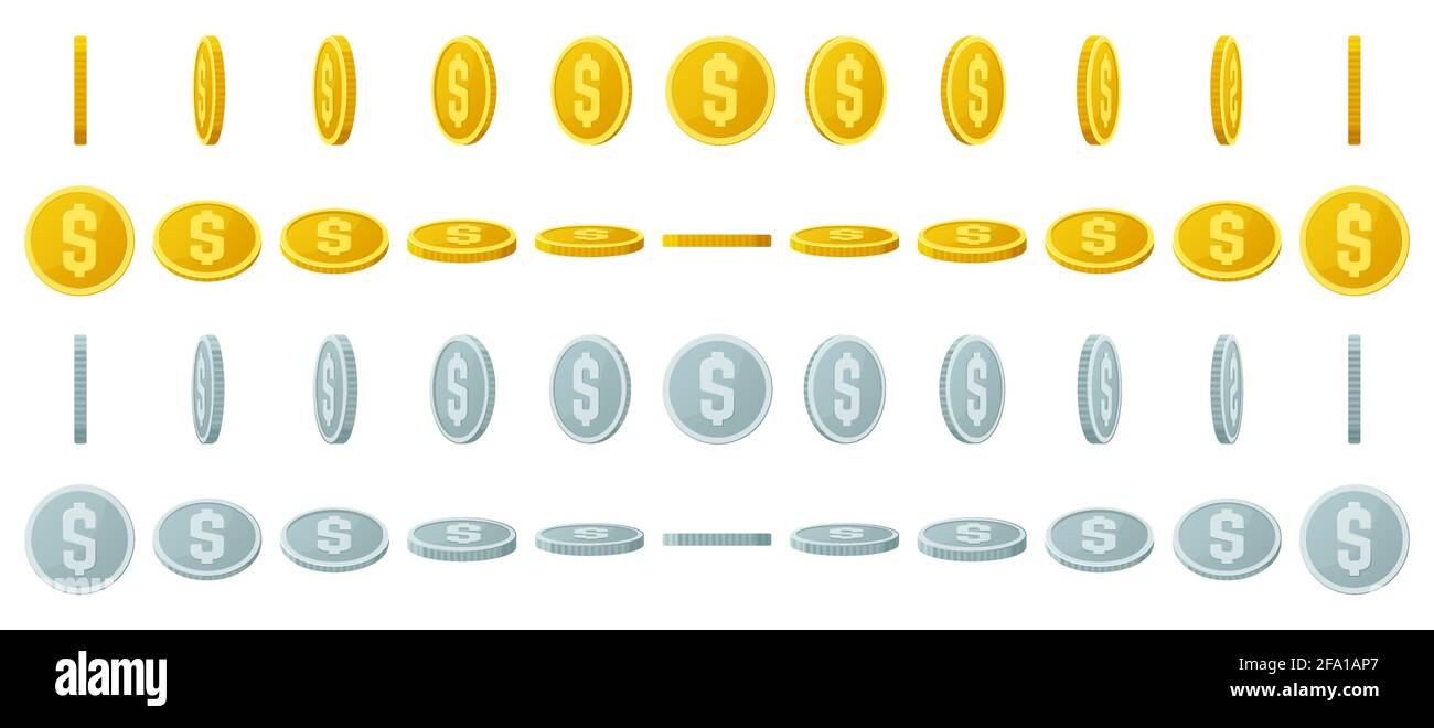 Animation pièces d'or. Tournez des pièces d'or et d'argent, des pièces de jeu brillantes rotation pour l'interface de jeu vecteur jeu ensemble d'illustration. Pièces de jackpot rotatives Illustration de Vecteur