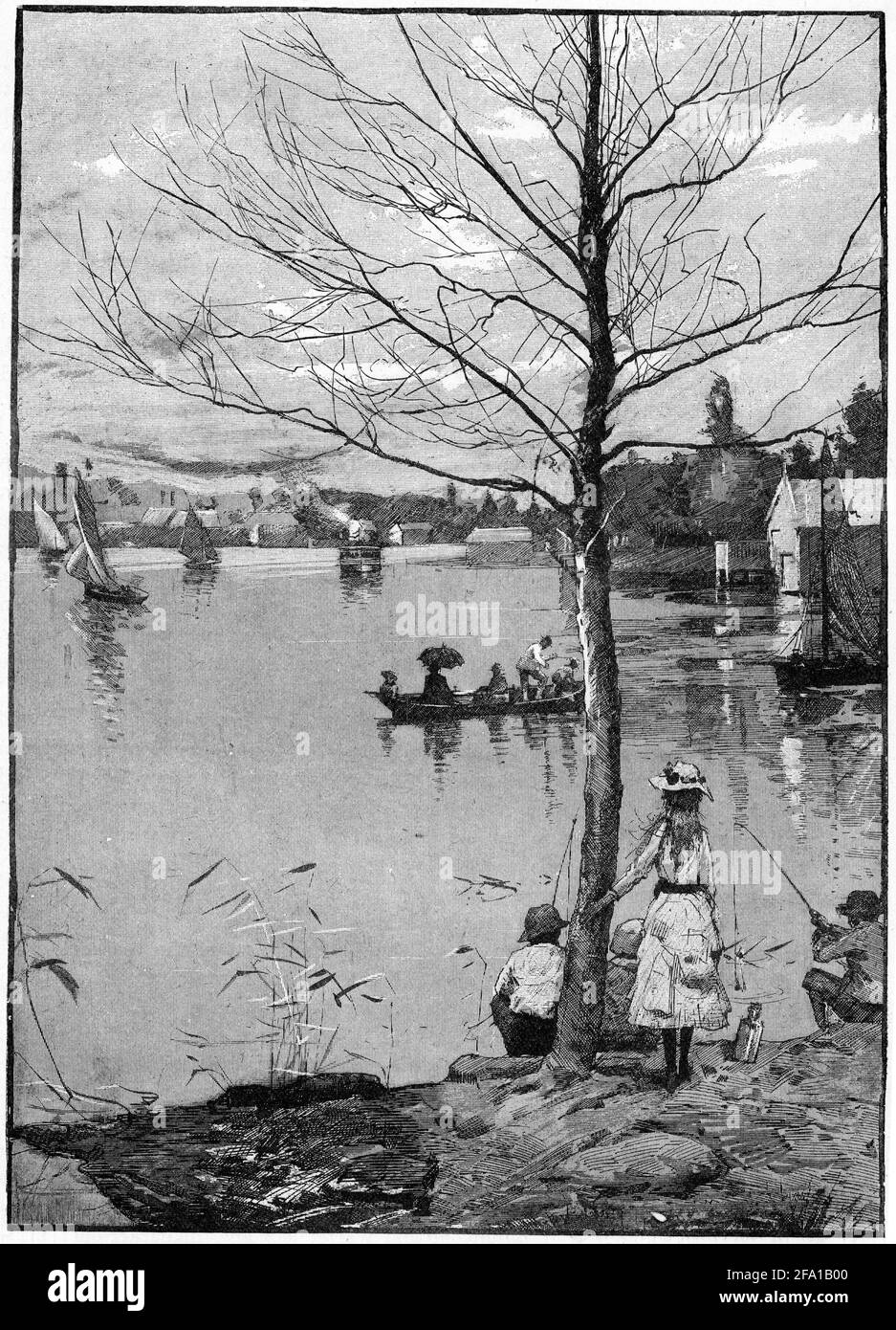 Gravure de peoplr appréciant les installations du lac Wendouree près de Ballarat en Australie, vers 1890 Banque D'Images
