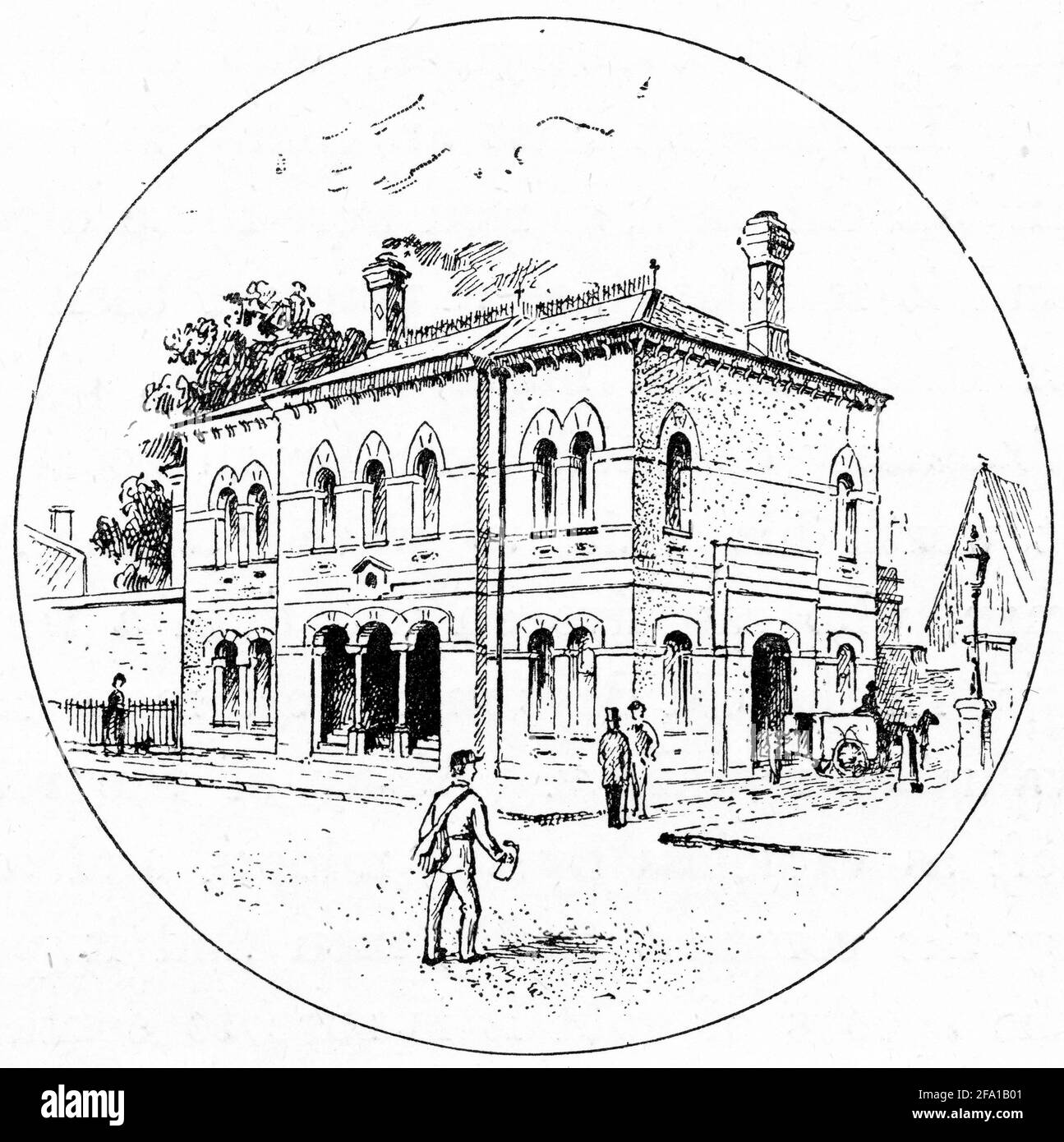 Gravure d'un homme marchant vers un immeuble de poste Banque D'Images